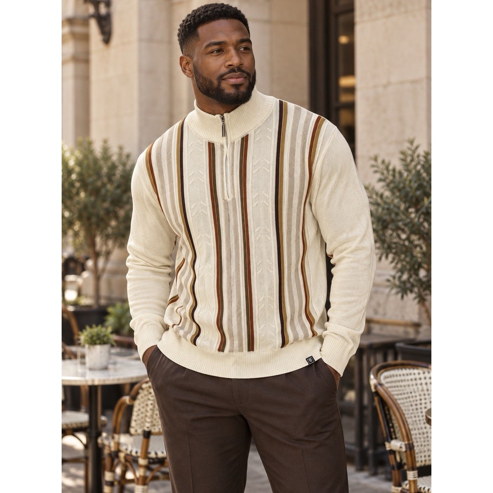 Stacy Adams Men's Knit Sweater XL Cream Striped Mock Neck 1/4 Zip Rayon